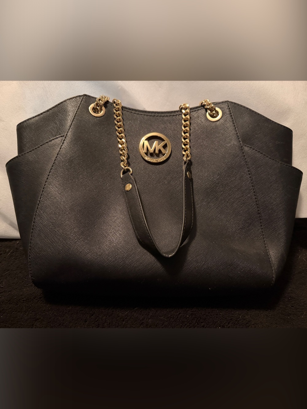 Michael Kors Black Saffiano Tote with Gold Chain Detail